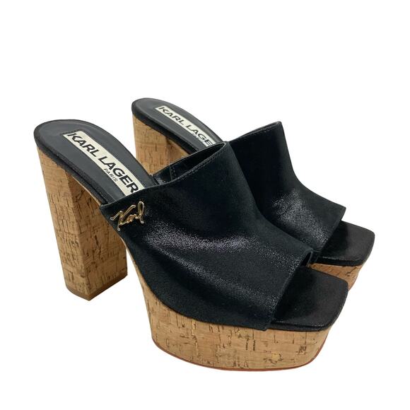 Karl Lagerfeld Paris | Henlsey Black Leather Cork Platform Block Heel Sandals - Picture 6 of 11